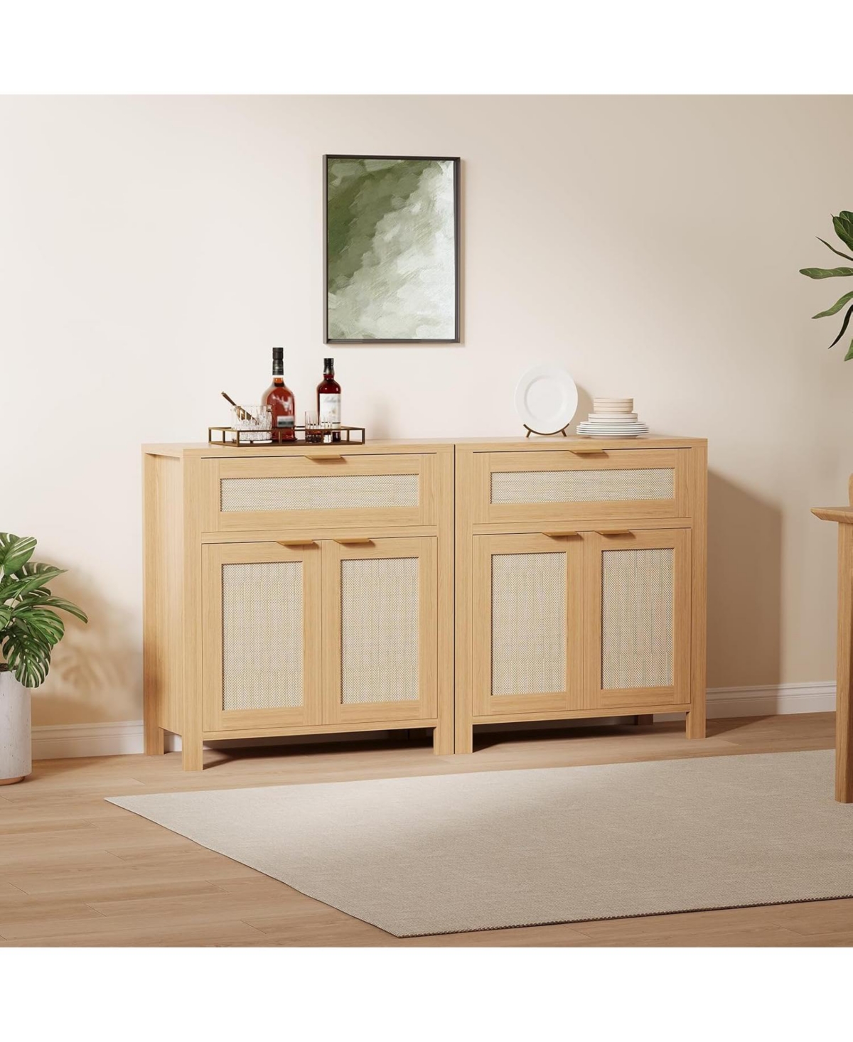 gaomon Rattan Buffet Cabinet with Storage, Narrow Sideboard Doors & Drawer, Wood Console Table for Living Room