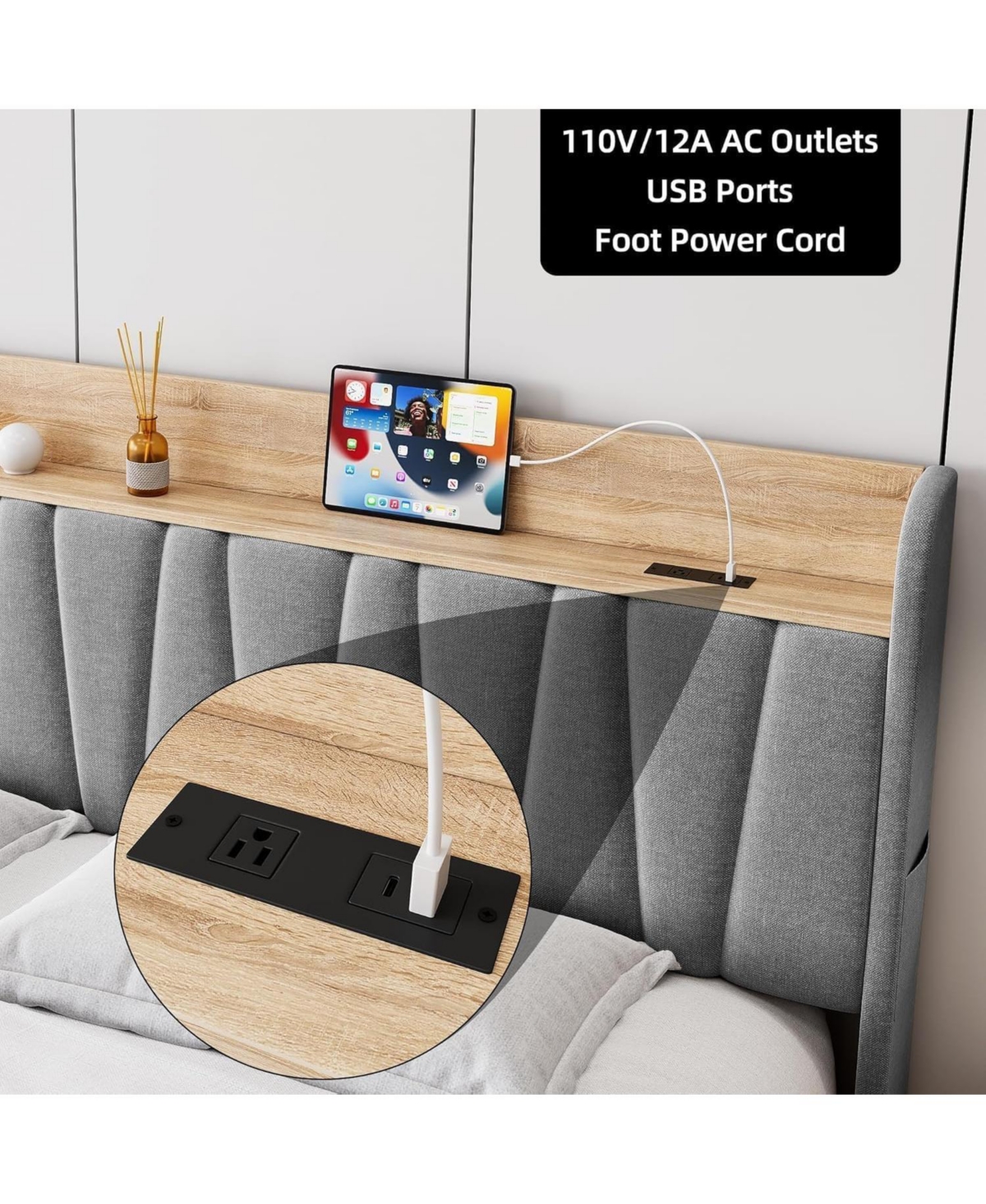 gaomon Upholstered Bed Frame with Storage Headboard, Drawer, Charging Station, Linen Platform