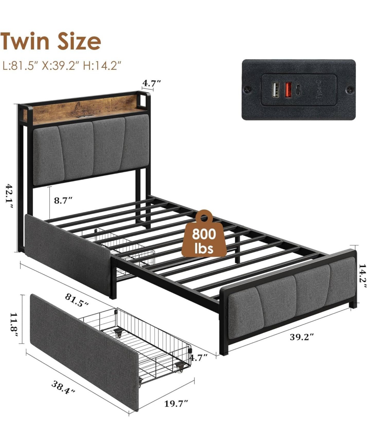 gaomon Size Upholstered Bed Frame with Storage Headboard, 2 Drawers, Usb Charging Station, No Box Spring Needed