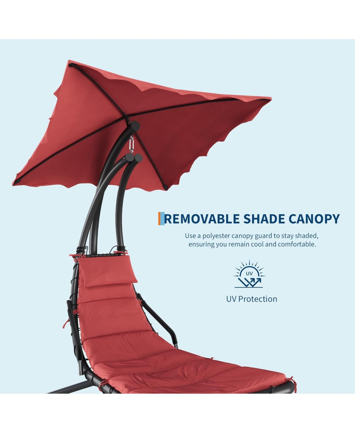 gaomon Chaise Lounger Swing Chair with Umbrella Canopy, Patio Hanging Lounge Chair with Stand, Curved Steel Outdoor Chair for Pool, Garden, Backyard