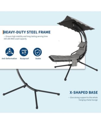 Chaise Lounger Swing Chair with Umbrella Canopy, Patio Hanging Lounge Chair with Stand, Curved Steel Outdoor Chair for Pool, Garden, Backyard - Twin