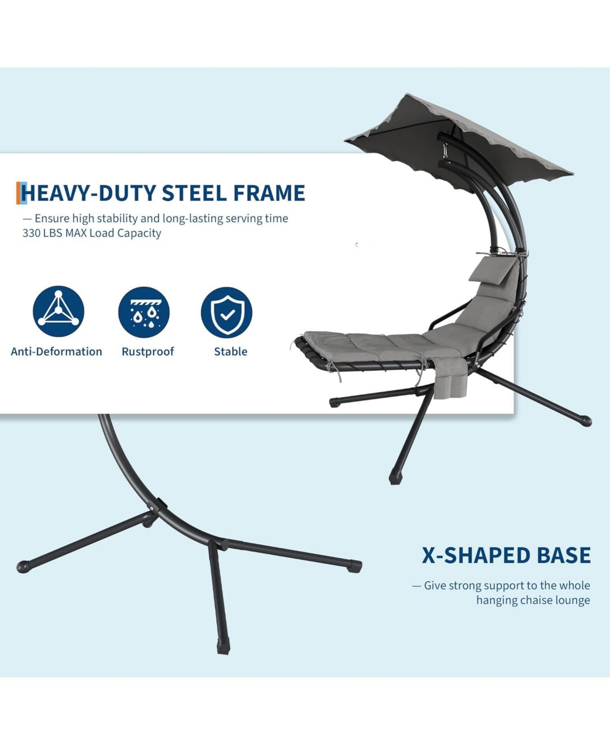 gaomon Chaise Lounger Swing Chair with Umbrella Canopy, Patio Hanging Lounge Stand, Curved Steel Outdoor for Pool, Garden, Backyard