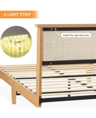 Bohemian Platform Bed Frame with Rattan Storage Headboard, Adjustable LED Lights, Solid Wood Support, No Box Spring Needed - Full
