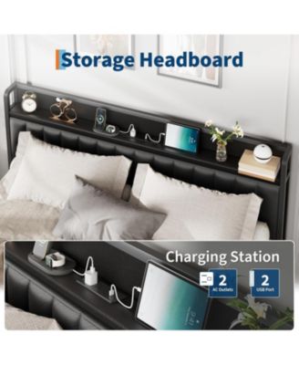 Queen Bed Frame with PU Faux Leather, Charging Station, Platform Storage, Soft Headboard, No Box Spring Needed