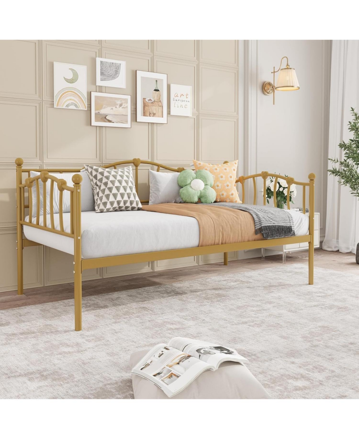 gaomon Twin Daybed Frame, Metal Platform Sofa Bed with Headboard, Heavy Duty Steel Slats, 12” Storage, No Box Spring Needed