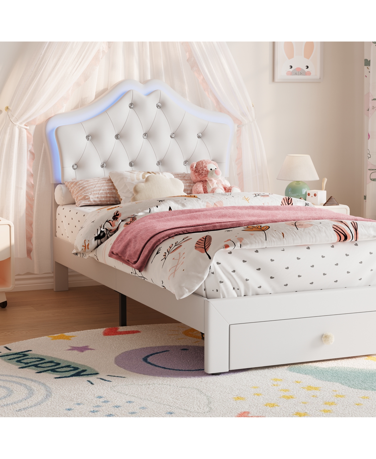 Gaomon Twin Size Upholstered Bed Frame with Led Headboard Lights & Storage Drawer, Noise Free, Platform Bed for Kids and Teens