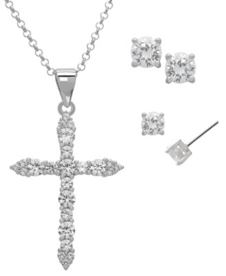 3-Pc. Lab Grown White Sapphire (3.62 ct. t.w.) Cross Pendant Necklace And Stud Earrings Set in Sterling Silver