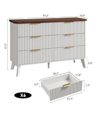 Fluted Dresser for Bedroom with 6 Deep Drawers, 47in Tall Chest of Drawers with Faux Marble Top, Curved Profile Design, White with Walnut Top