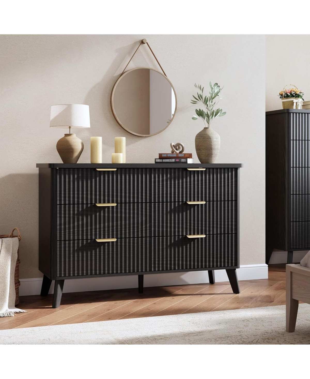 gaomon Fluted Dresser for Bedroom with 6 Deep Drawers, 47in Tall Chest of Drawers with Faux Marble Top, Curved Profile Design, Black