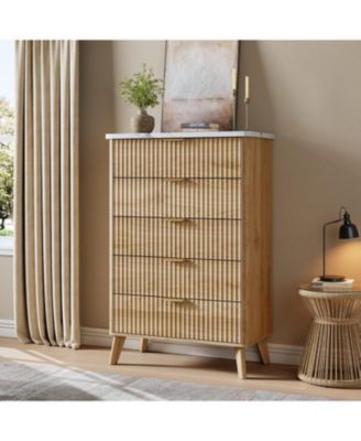 Fluted Dresser for Bedroom with 5 Deep Drawers, 47in Tall Chest of Drawers with Faux Marble Top, Curved Profile Design, White with Walnut Top