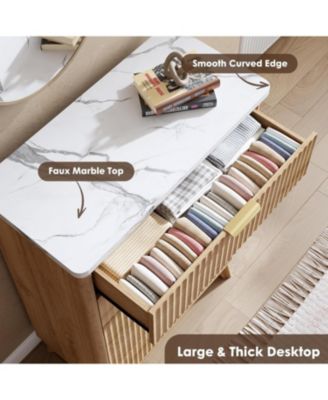 Fluted Dresser for Bedroom with 5 Deep Drawers, 47in Tall Chest of Drawers with Faux Marble Top, Curved Profile Design, White with Walnut Top