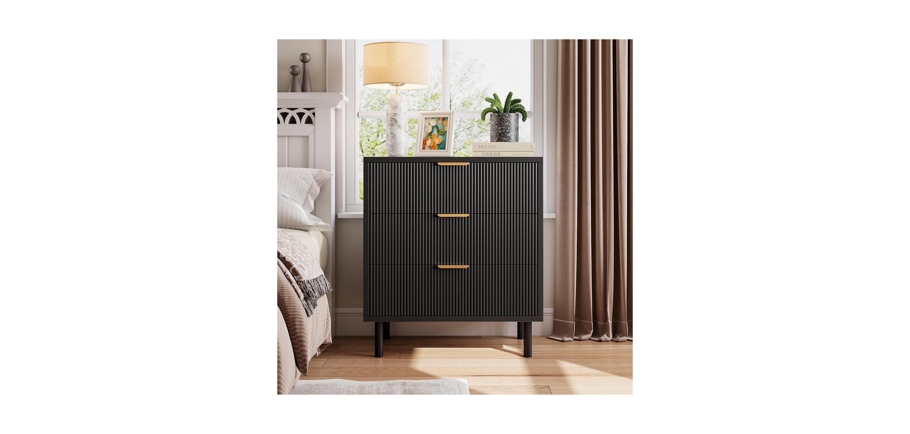 gaomon Black Fluted 3 Drawers Dresser, Wide Wood Chest of Drawers, Modern Storage Dresser Chest of Drawers Organizer