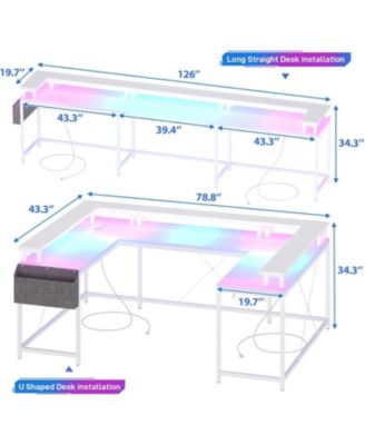 78" White U-Shaped Computer Desk with Power Outlets & RGB LED, Reversible L-Shaped Home Office Desk
