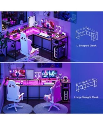 55" Brown L-Shaped Desk with Drawer & LED, Versatile Corner Home Office Desk with USB Charging, Power Outlet, Monitor Stand