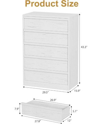 5-Drawer Modern Tall Wooden Dresser, Large Drawers, Storage Organizer for Bedroom, Living Room, Nursery, White