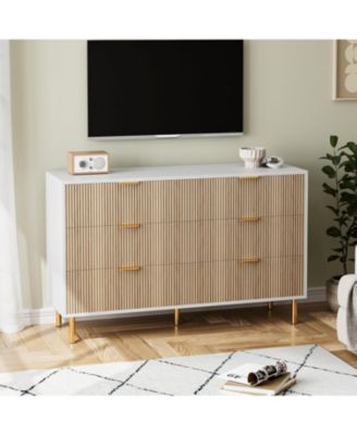 6-Drawer Modern Natural Dresser, Gold Handle, Wide Double Chest, Large Drawer Storage Organizer for Bedroom, Living Room, Entryway