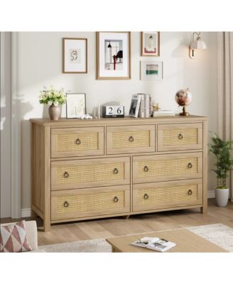 7-Drawer Freestanding Rattan Cabinet Dresser, Wood Chest with Anti-Tip, Storage Organizer for Bedroom, Living Room