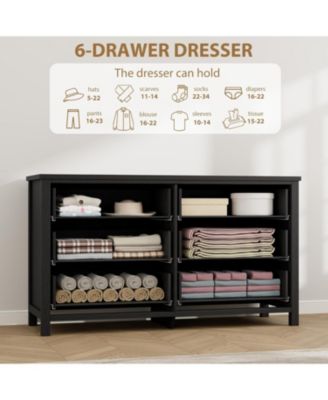 6-Drawer Black Wooden Chest, 54" Wide, Large Storage for Nursery, Living Room, Hallway, Bedroom