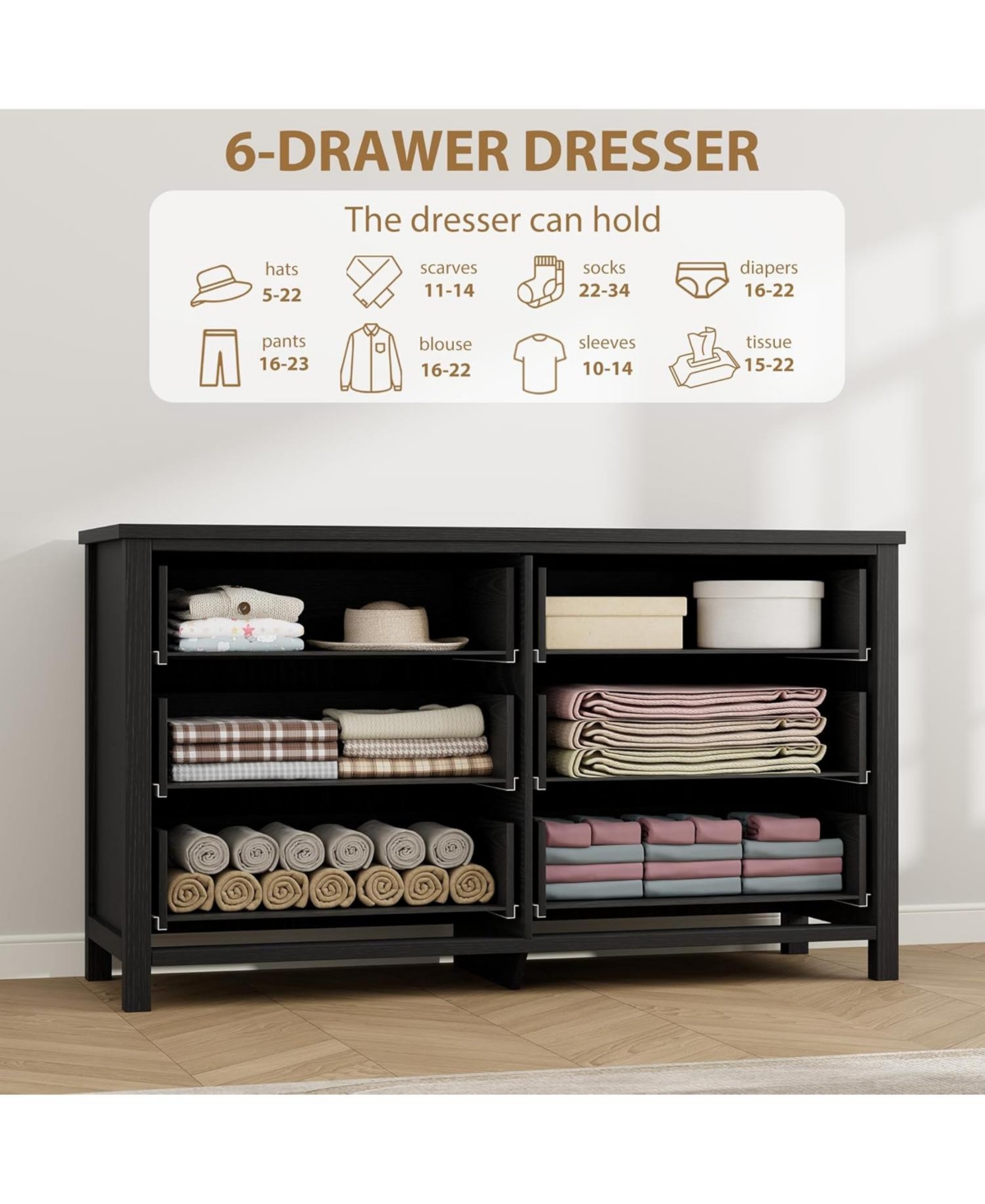 gaomon 6-Drawer Black Wooden Chest, 54" Wide, Large Storage for Nursery, Living Room, Hallway, Bedroom