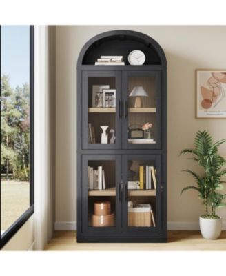 71.4 Inch Arched Bookshelf with Glass Doors, Rustic Premium Wood Display Cabinet for Living Room, Black
