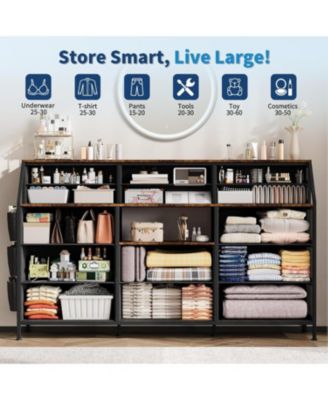 14 Foldable Fabric Drawer Dresser with Wood Top, TV Stand, Open Shelves, Metal Frame, Bedroom, Living Room, Brown