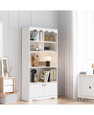 5-Tier Modern Bookshelf Display Cabinet, 63" Floor Standing Storage Organizer, Walnut Finish, White