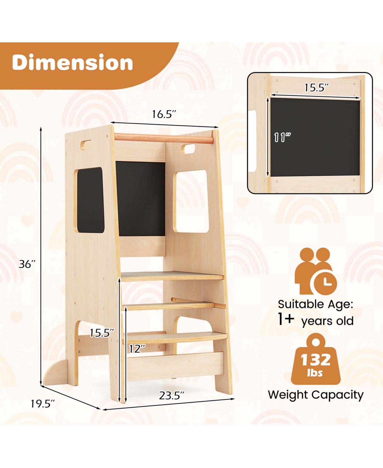 Toddler Kitchen Step Stool with Activity Chalkboard Adjustable Height & Safety Rail