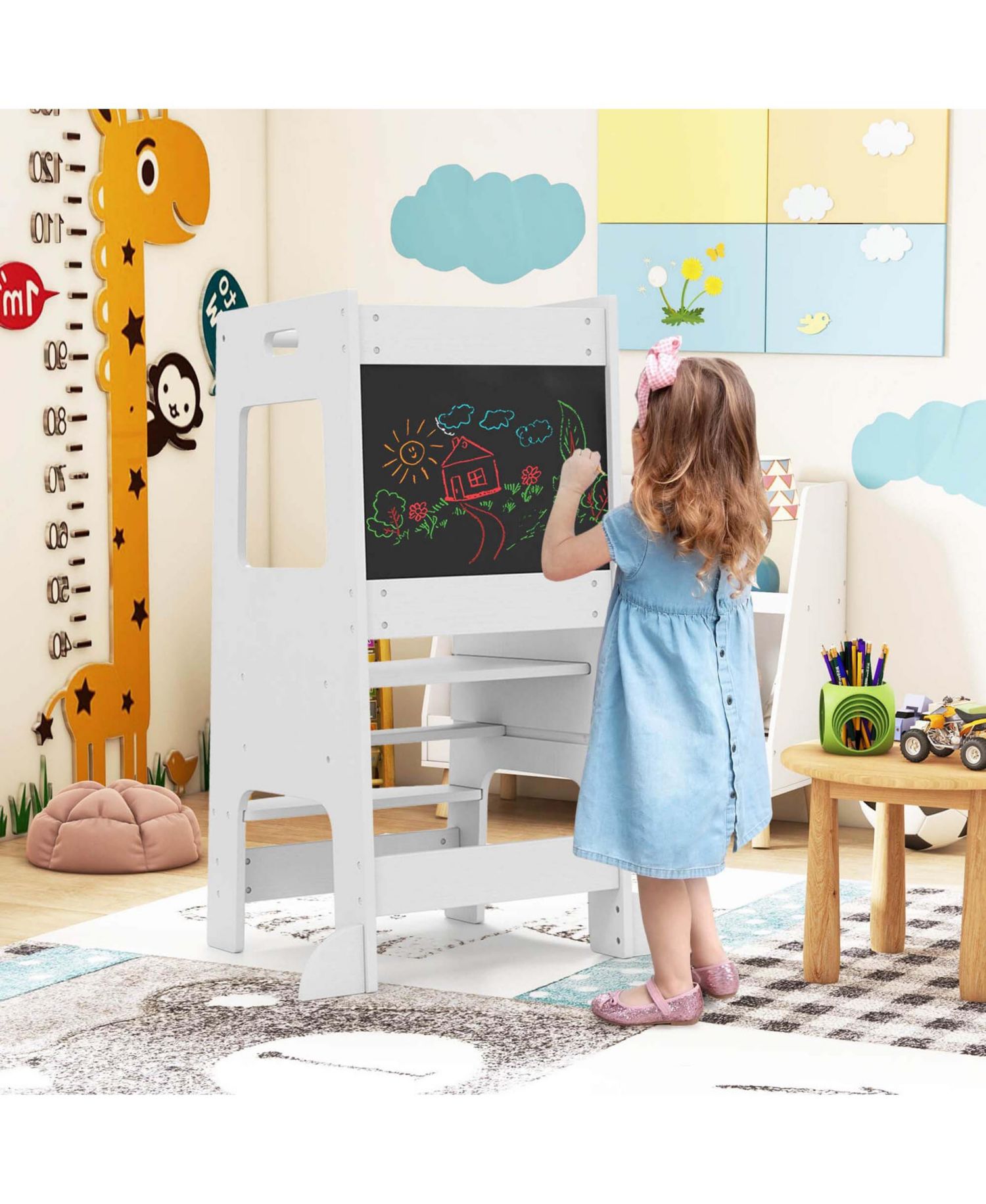 Toddler Kitchen Step Stool with Activity Chalkboard Adjustable Height & Safety Rail