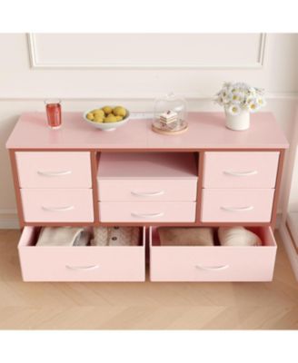 8-Drawer Dresser TV Stand with LED Lights & Charging Station, 55" Entertainment Center Storage, Rustic Brown, Pink