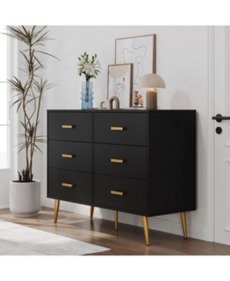 6-Drawer Modern Wood Dresser for Bedroom, Wide Gold Handles, Storage Organizer Unit for Living Room, Closet, Entryway