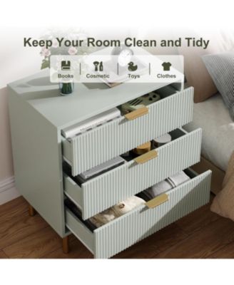3-Drawer Modern Green Dresser, 30" Tall, Fluted Chest with Gold Handles, Anti-Tip Device, Bedroom, Living Room, Kids Room
