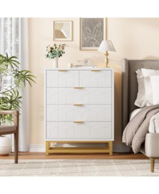 5-Drawer White Bedroom Dresser with Metal Base, Modern Chest Cabinet Organizer for Living Room, Hallway, Closet