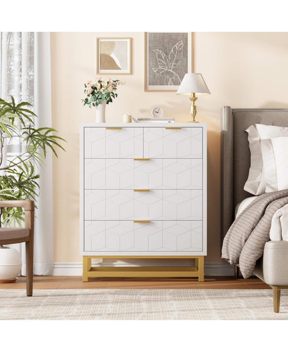 gaomon 5-Drawer White Bedroom Dresser with Metal Base, Modern Chest Cabinet Organizer for Living Room, Hallway, Closet