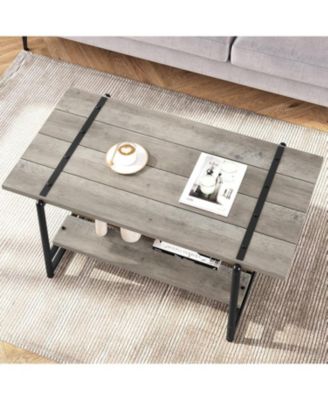 2-Tier Large Coffee Table 41" Wood with Storage Shelf, Farmhouse Metal Frame, Living Room