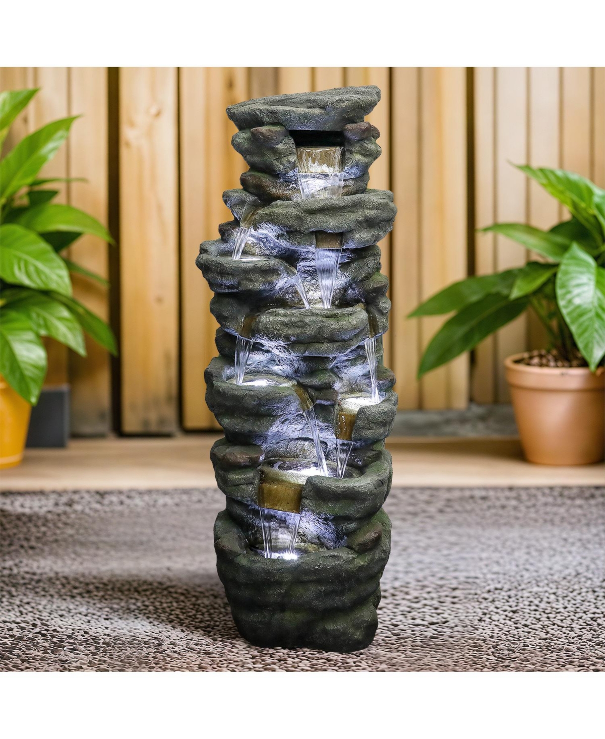 SunJet 51" High Multi-Tier Outdoor Rock Water Fountain with Led Lights, Large Resin Waterfall Fountain for Garden, Patio, Yard & Deck