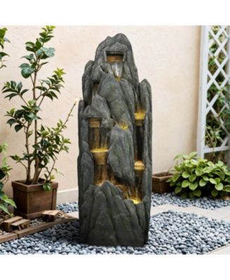 51" Tall Outdoor Rockery Water Fountain with LED Lights, Resin Cascading Waterfall Fountain for Garden, Patio & Yard Decor