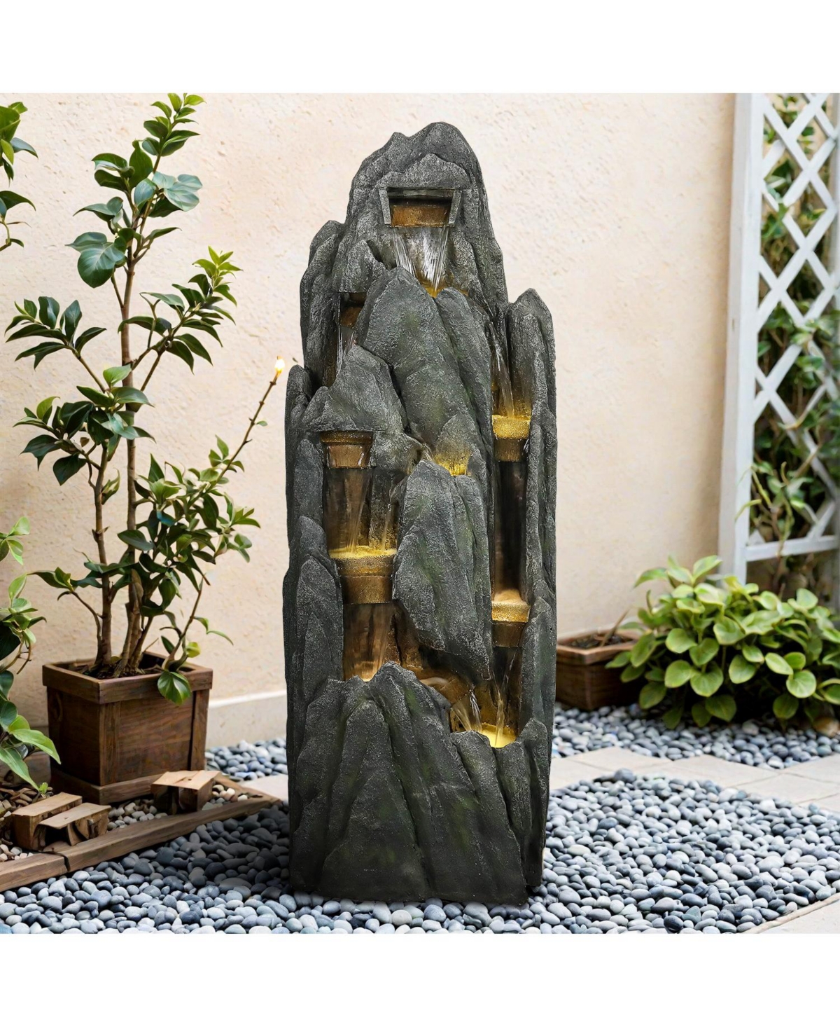 SunJet 51" Tall Outdoor Rockery Water Fountain with Led Lights, Resin Cascading Waterfall Fountain for Garden, Patio & Yard Decor