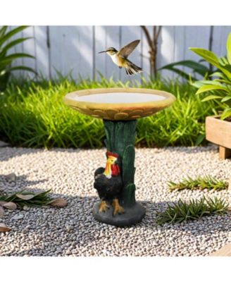 23" H Outdoor Concrete Bird Bath - Sunflower Bowl with Leaf Pedestal & Rooster/Chicken Garden Statue, 20” Dia x 23” H