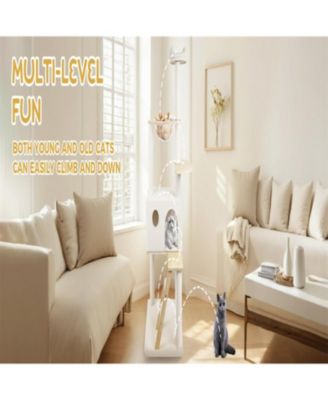Cat Tree with large condo wood ladder in White