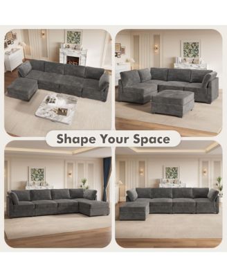 128'' Modular Sectional Sofa Couch, 5-Piece Comfy Corduroy Fabric Couch for Living Room, Modern L-Shaped Deep Seat Sofa with Chaise Ottoman