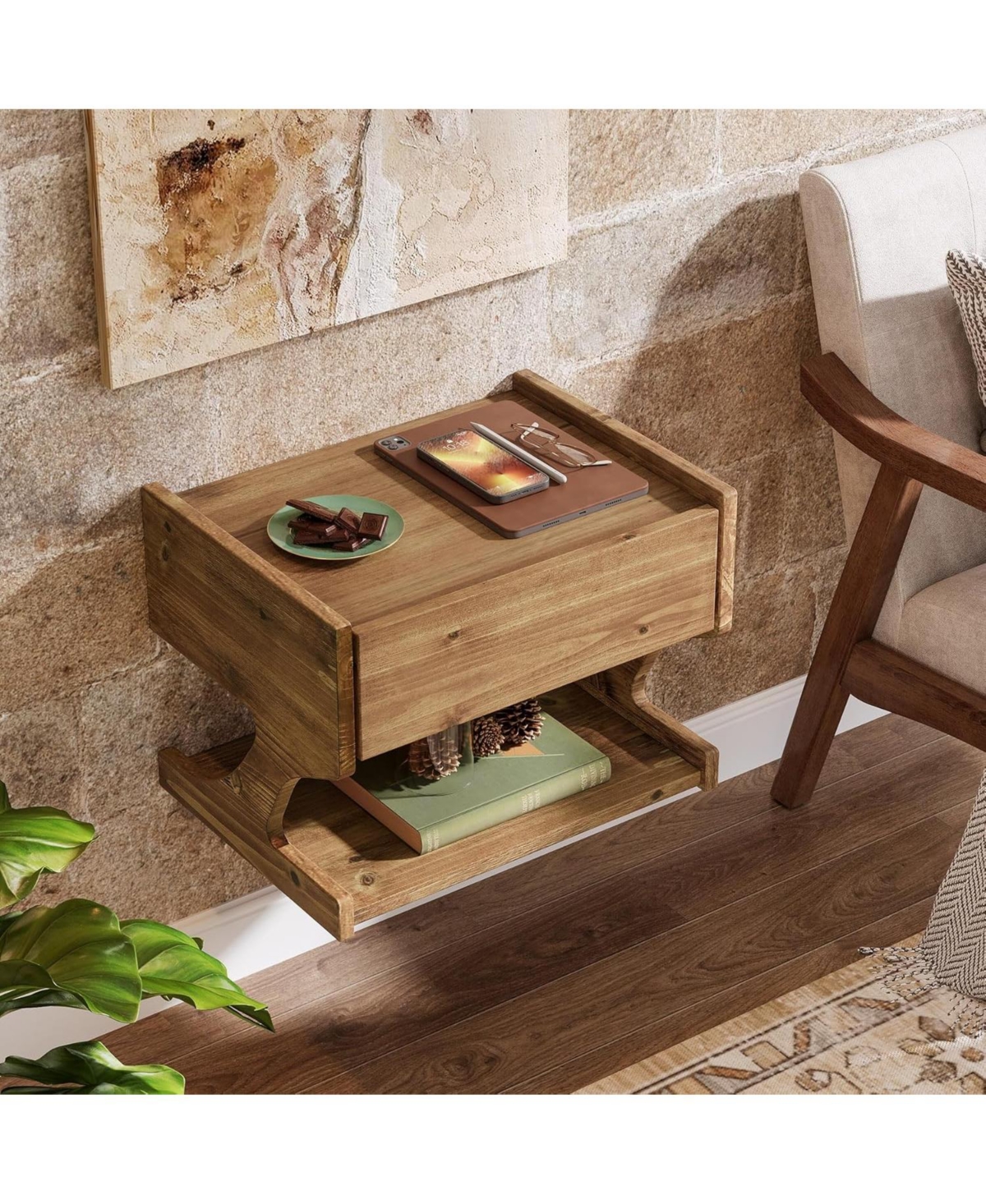 Tribesigns Solid Wood Floating Nightstand, Wall Mounted Bedside Table