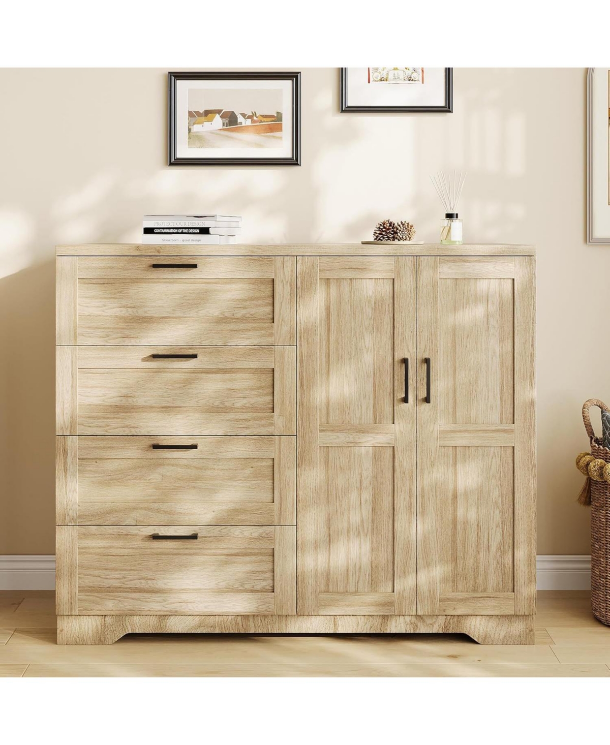 gaomon Modern Wooden Dresser for Bedroom, 43.3" 2-Door Wardrobe Armoire, 4 Drawers, Hanging Rod, Storage Cabinet