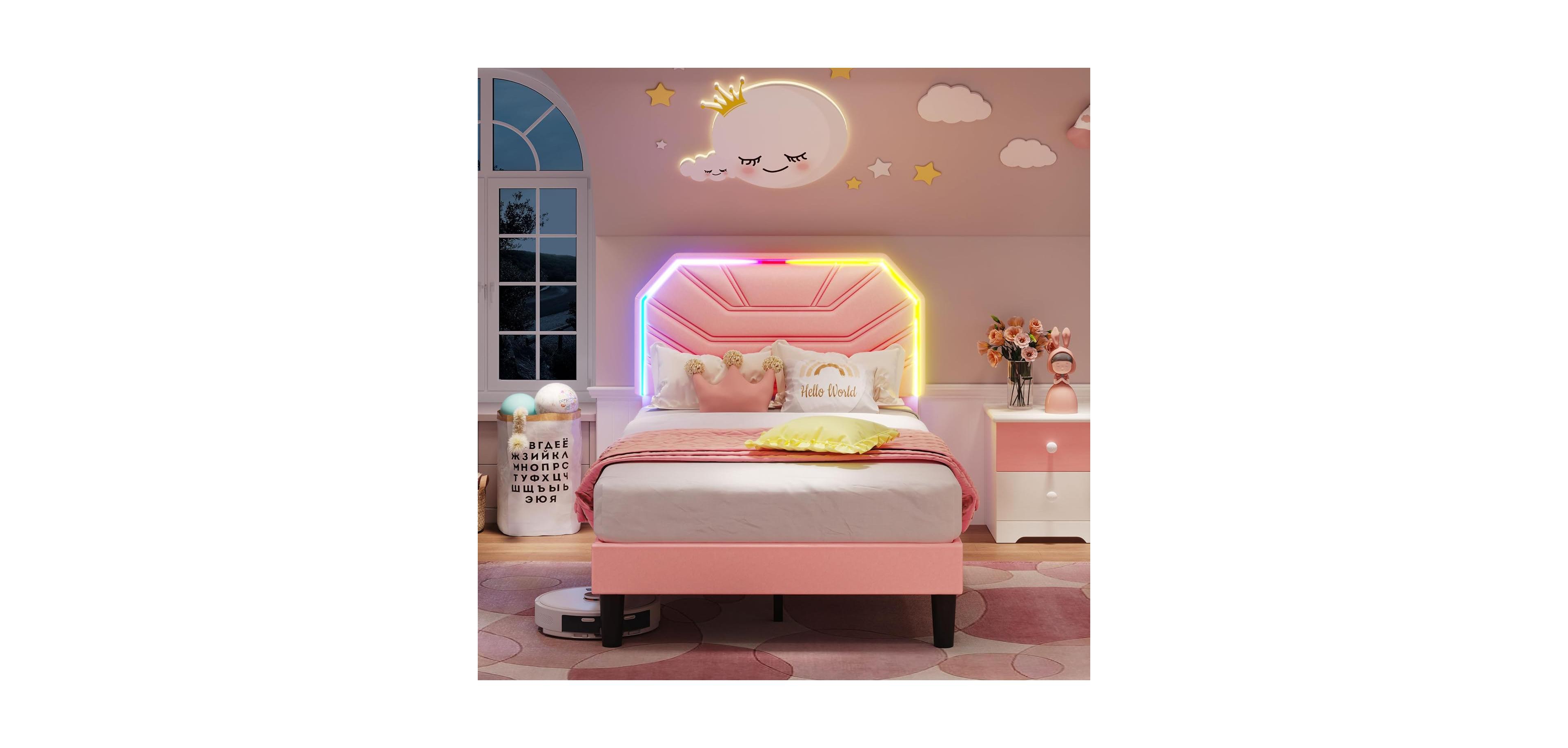 Likimio Twin Xl Bed Frames with Led Light Headboard and Heavy Duty Supports, No Box Spring Need, Noise Free, Easy Assembly, Pink
