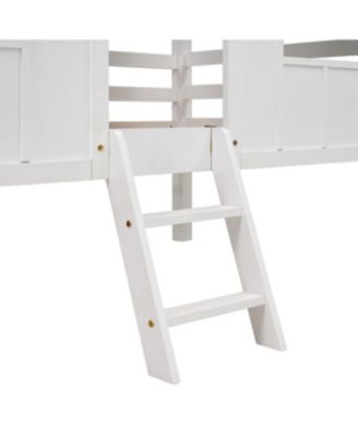 Twin Size Wood Low Loft House Bed with Roof and Two Front Windows Bed