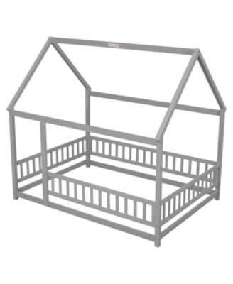 Wooden House Bed with Guardrails (Grey)