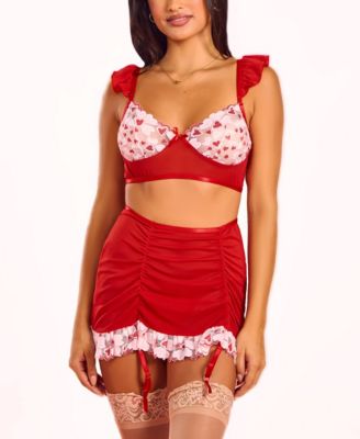 Women's 3PC Heart Lace & Ruffle Bralette and Mini Set Lingerie