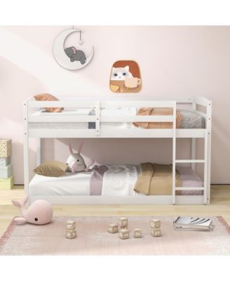 Twin over Twin Low Bunk Bed with Guardrails Integrated Ladder Kids Wooden