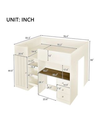 Wood Full Size Loft Bed with Built-in Wardrobe, Desk, Storage Shelves and Drawers