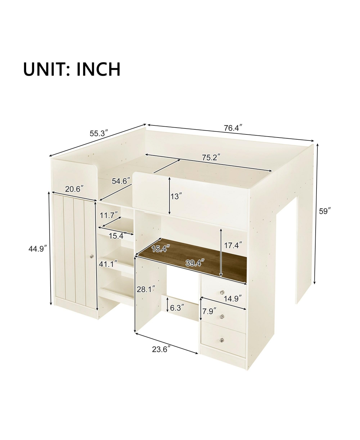 Boyel Living Wood Full Size Loft Bed with Built-in Wardrobe, Desk, Storage Shelves and Drawers
