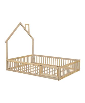Wood Full Size House Platform Bed with Guardrail